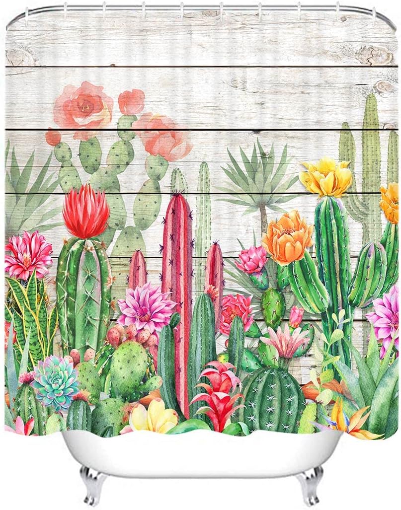 Tropical And Charming Watercolor Cactus Printed Shower Curtain - Waterproof And Stylish