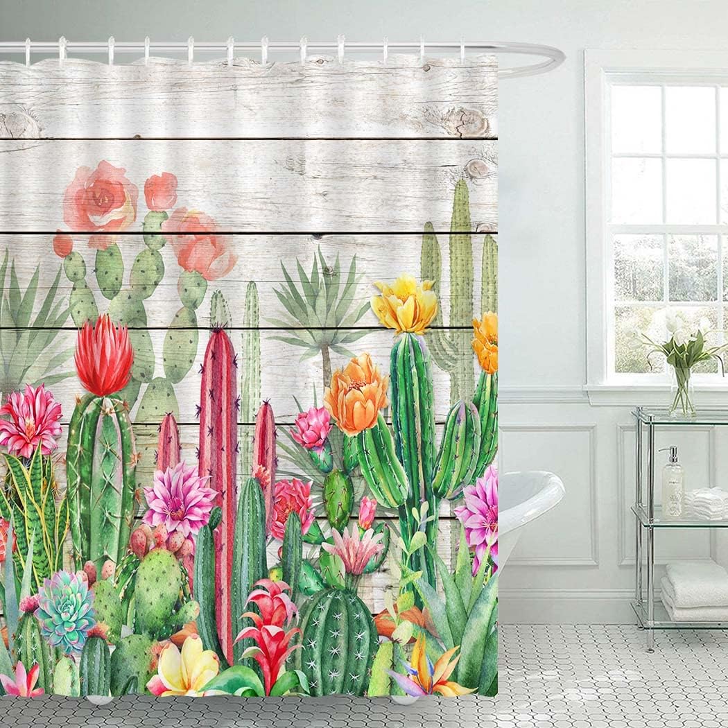 Tropical And Charming Watercolor Cactus Printed Shower Curtain - Waterproof And Stylish - Image 2
