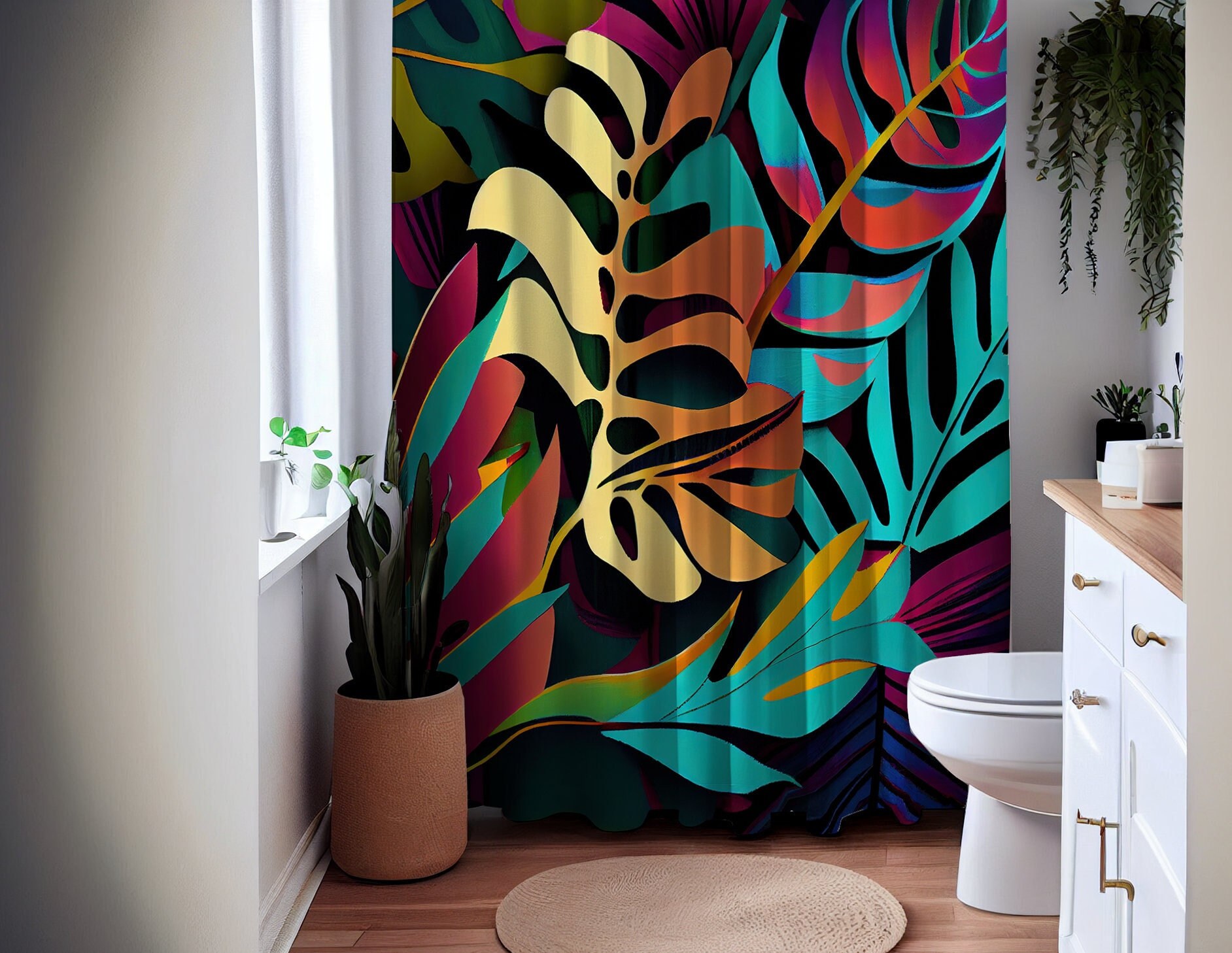 Tropical Art Deco Floral Chic Shower Curtain, perfect Housewarming Gift with Bathroom Theme