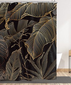 Tropical Banana Leaf Shower Curtain - Black Brown Copper Palm Tree Plants Design
