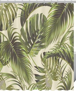 Tropical Banana Leaves Palm Tree Print Fabric Shower Curtain for Exotic Bathroom Decor