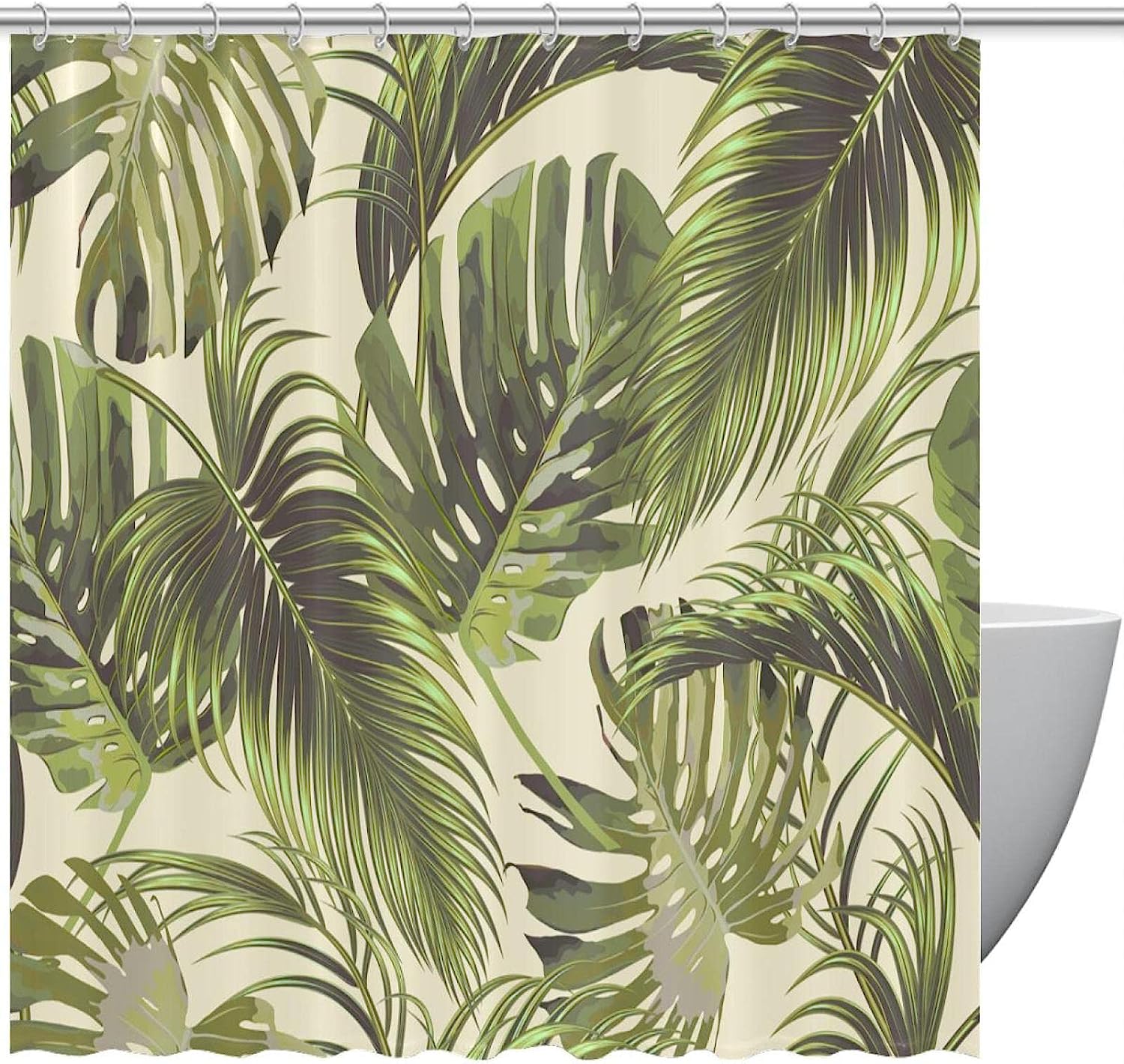 Tropical Banana Leaves Palm Tree Print Fabric Shower Curtain for Exotic Bathroom Decor