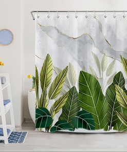 Tropical Banana Leaves Shower Curtain with Green Marble Design, Waterproof and Natural Theme