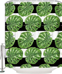 Tropical Banana Palm Leaves Shower Curtain - Stripe Background Waterproof Fabric Bathroom Decor