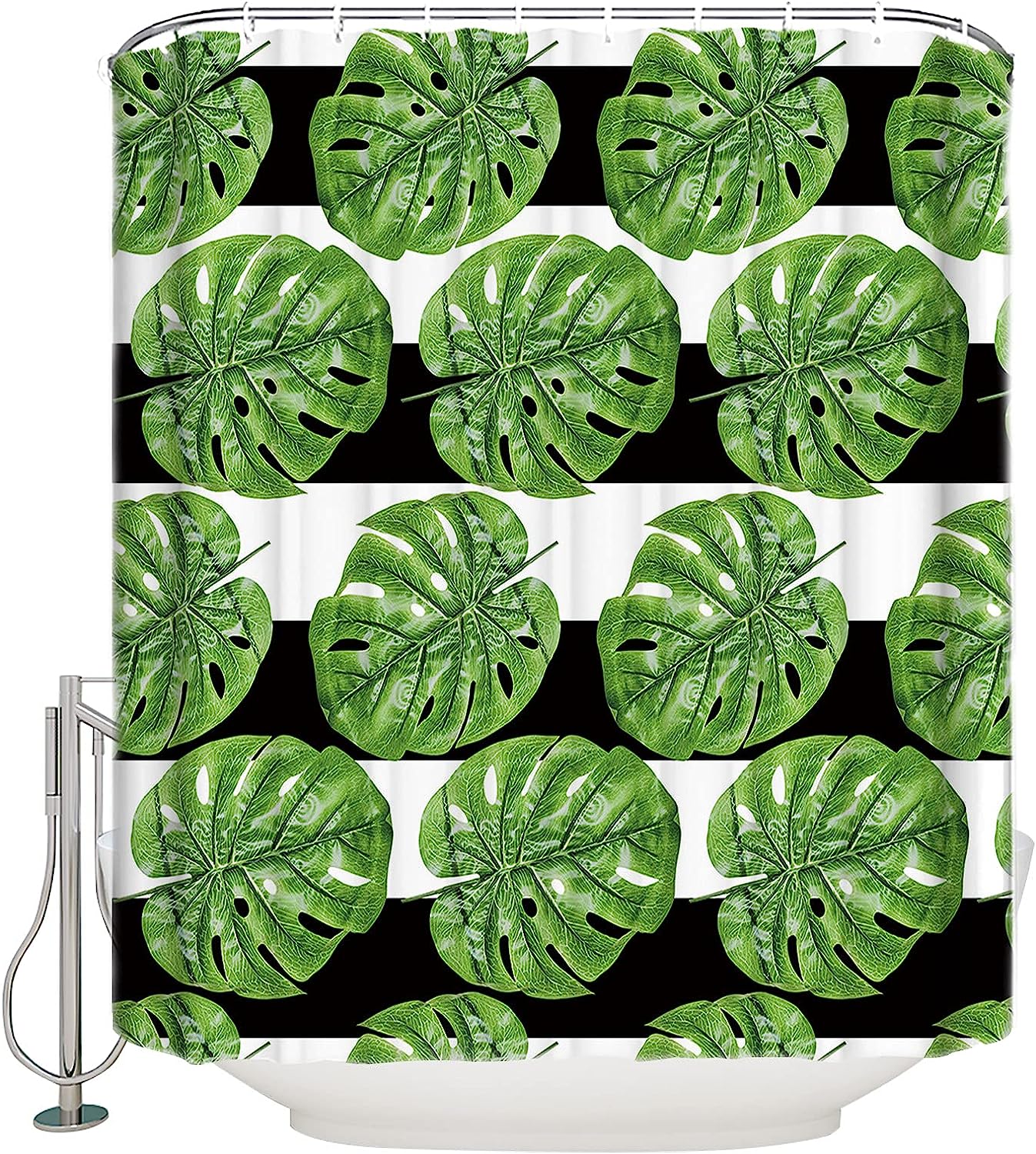 Tropical Banana Palm Leaves Shower Curtain - Stripe Background Waterproof Fabric Bathroom Decor
