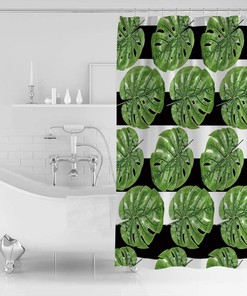 Tropical Banana Palm Leaves Shower Curtain - Stripe Background Waterproof Fabric Bathroom Decor
