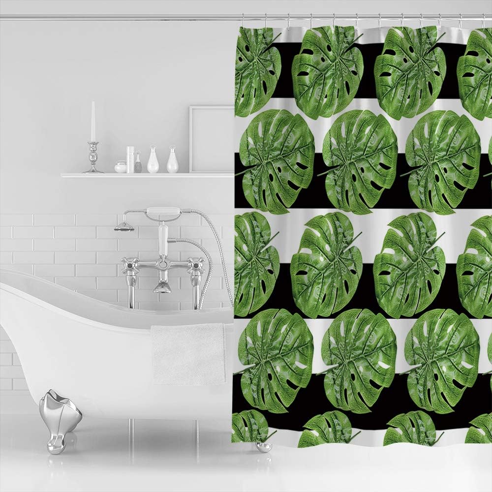 Tropical Banana Palm Leaves Shower Curtain - Stripe Background Waterproof Fabric Bathroom Decor