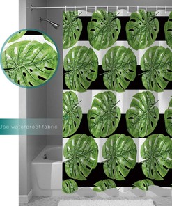 Tropical Banana Palm Leaves Shower Curtain - Stripe Background Waterproof Fabric Bathroom Decor