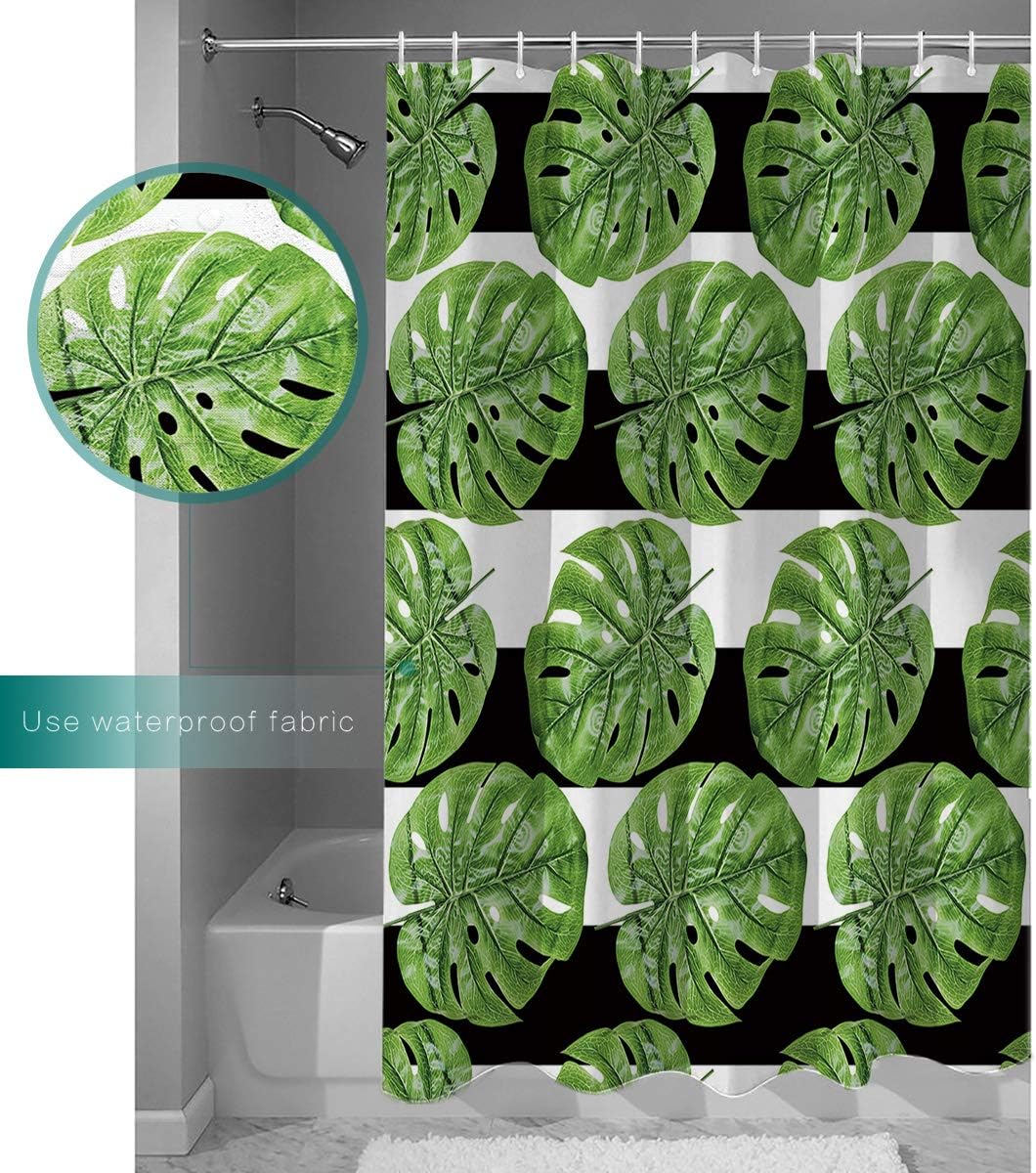 Tropical Banana Palm Leaves Shower Curtain - Stripe Background Waterproof Fabric Bathroom Decor
