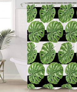 Tropical Banana Palm Leaves Shower Curtain - Stripe Background Waterproof Fabric Bathroom Decor