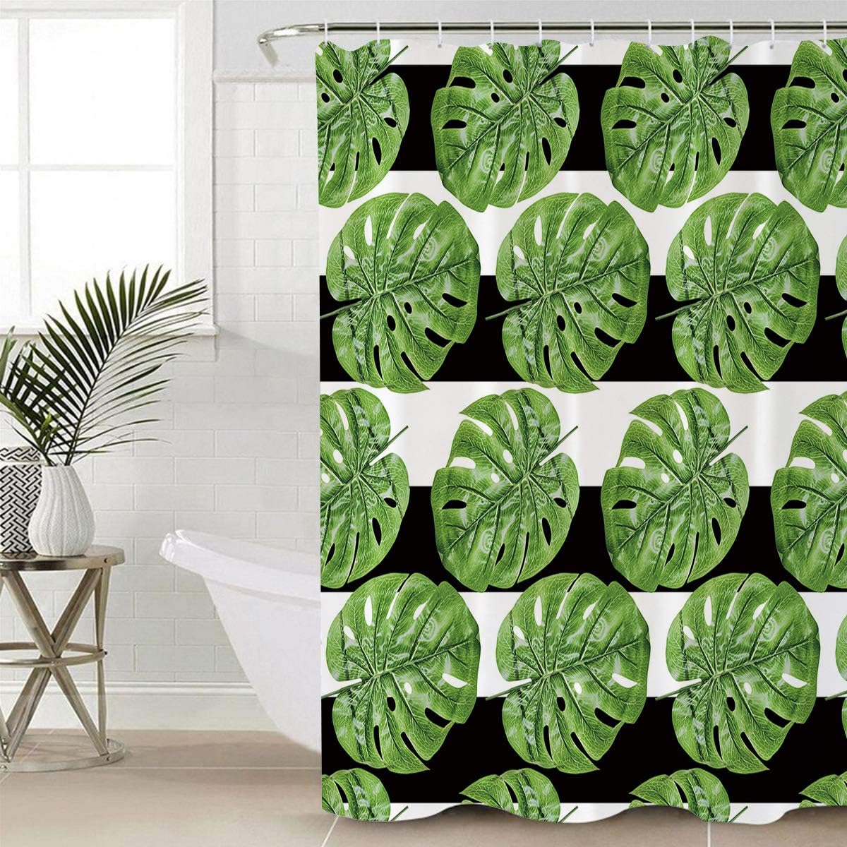 Tropical Banana Palm Leaves Shower Curtain - Stripe Background Waterproof Fabric Bathroom Decor