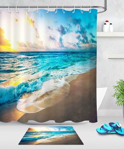 Tropical Beach Blue Sea Sunset Waterproof Fabric Shower Curtain for the Ultimate Beach Escape