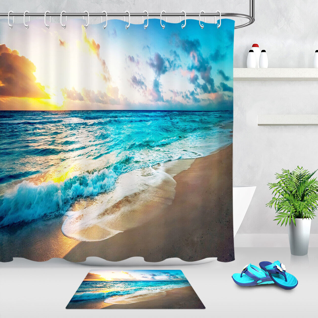 Tropical Beach Blue Sea Sunset Waterproof Fabric Shower Curtain for the Ultimate Beach Escape