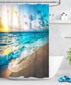 Tropical Beach Blue Sea Sunset Waterproof Fabric Shower Curtain for the Ultimate Beach Escape