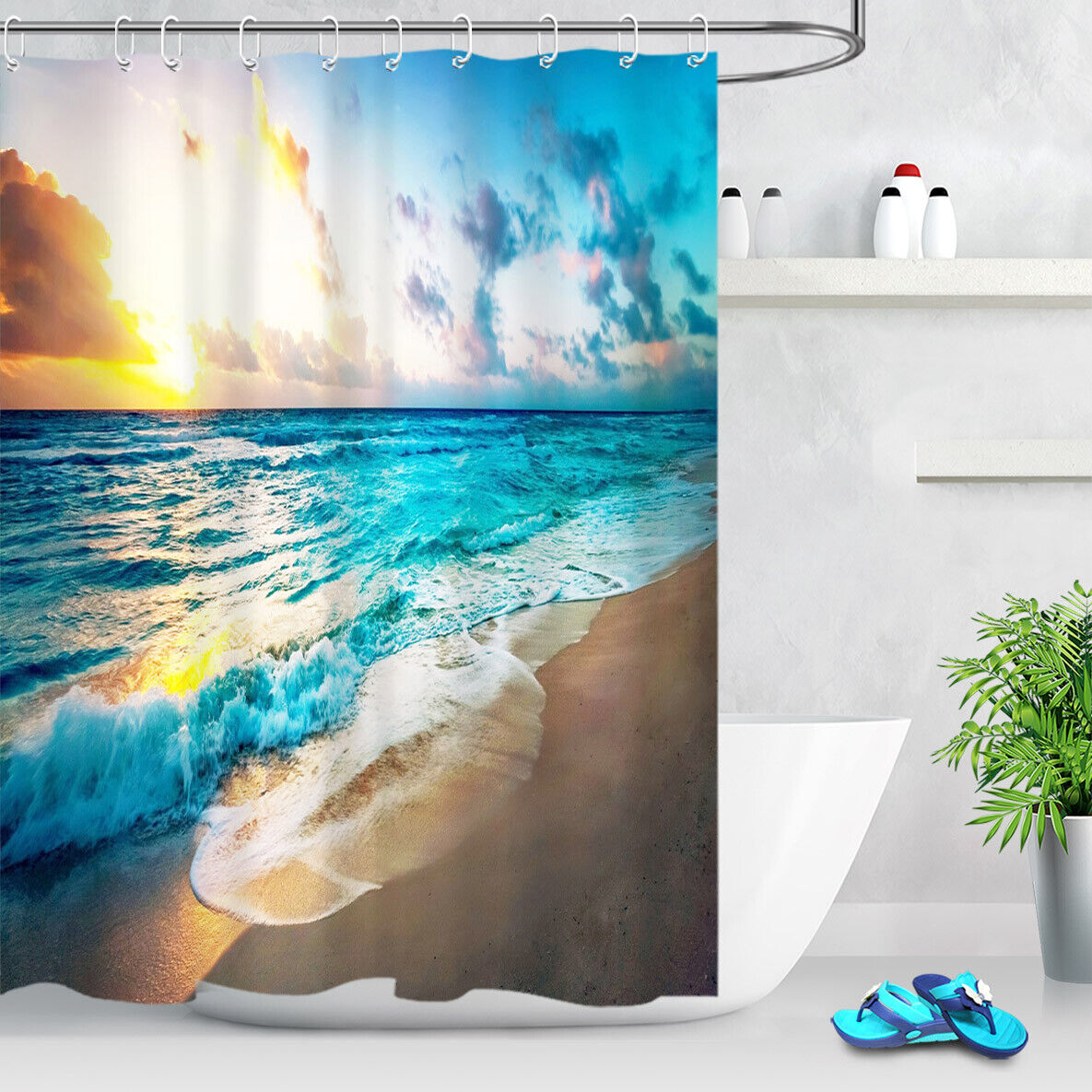 Tropical Beach Blue Sea Sunset Waterproof Fabric Shower Curtain for the Ultimate Beach Escape