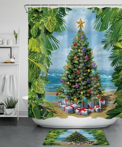 Tropical Beach Christmas Tree Shower Curtain For A Sunny Christmas Bathroom