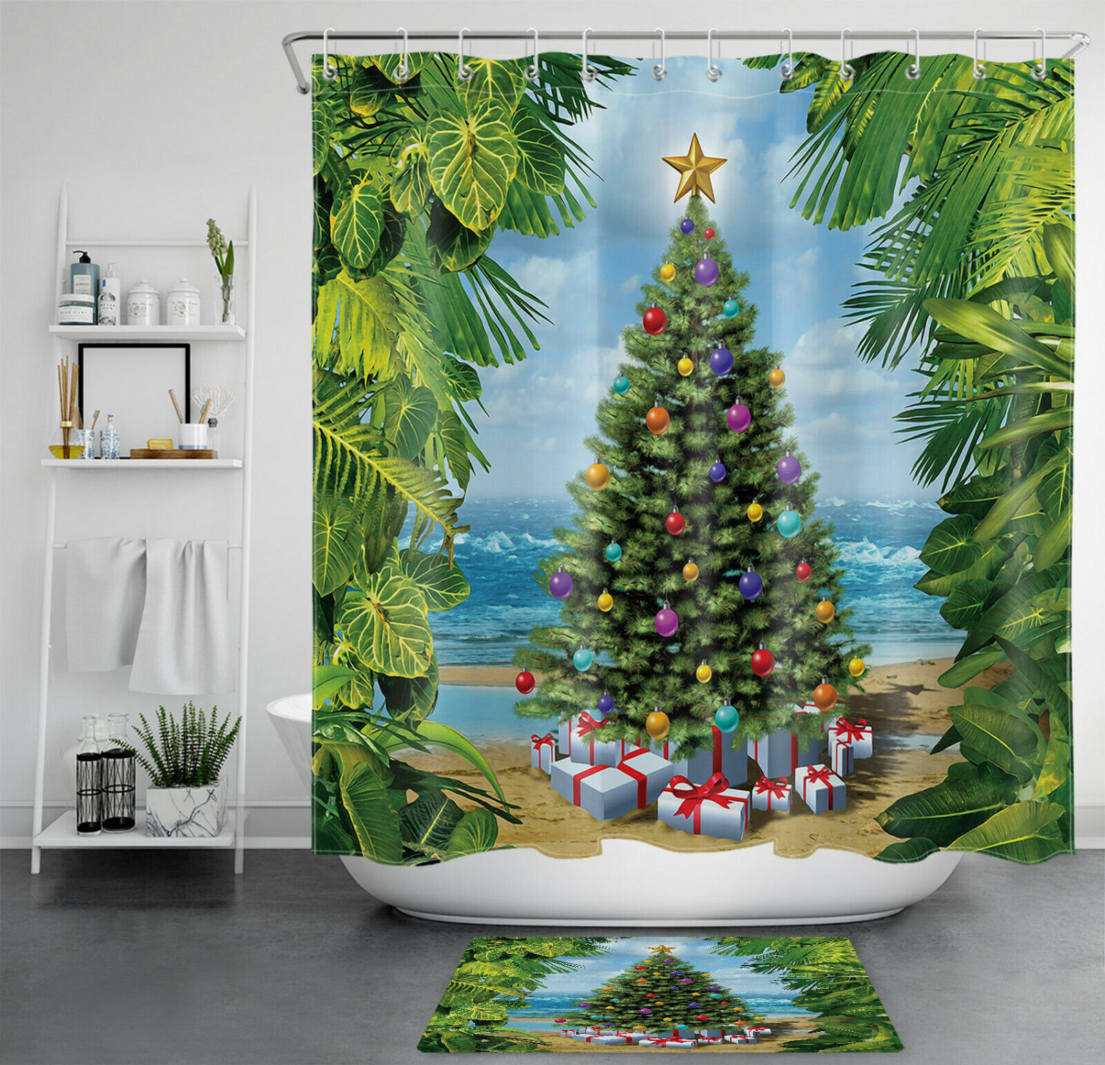 Tropical Beach Christmas Tree Shower Curtain For A Sunny Christmas Bathroom