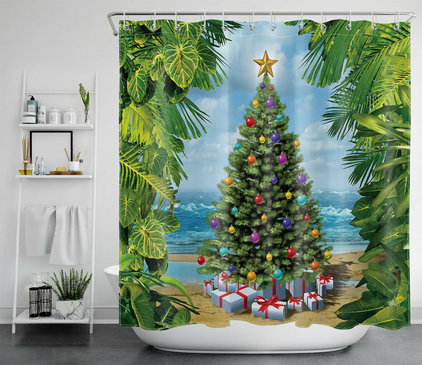 Tropical Beach Christmas Tree Shower Curtain For A Sunny Christmas Bathroom - Image 2