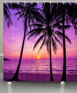 Tropical Beach Purple Fabric Shower Curtain, Waterproof Bathroom Decor