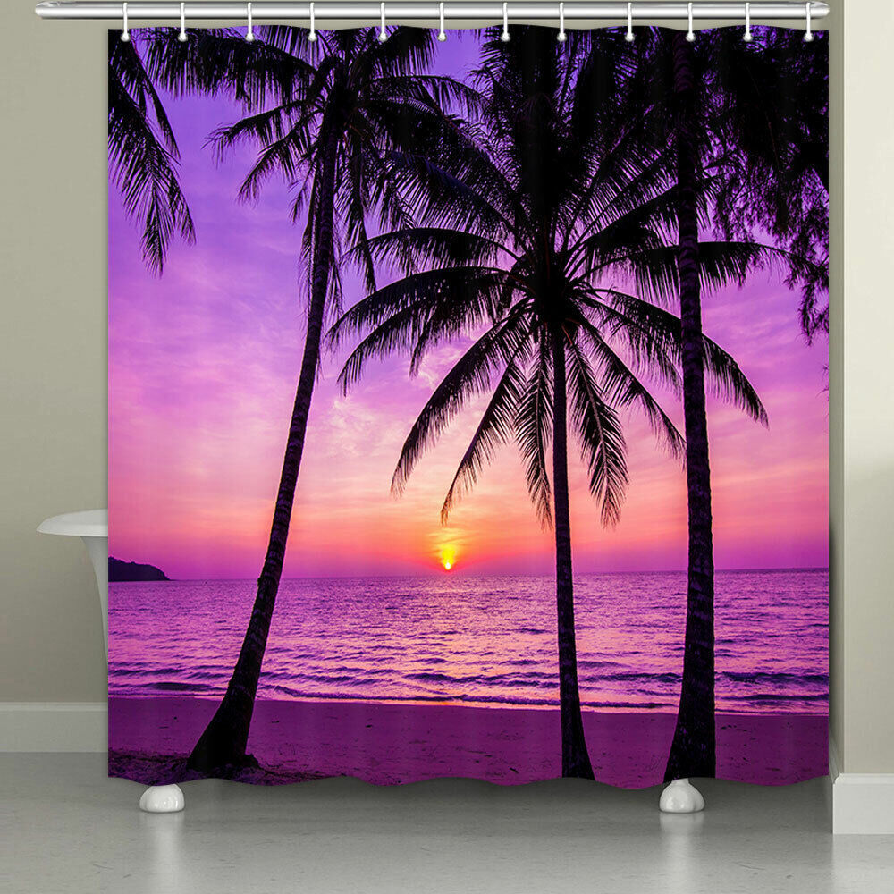 Tropical Beach Purple Fabric Shower Curtain, Waterproof Bathroom Decor