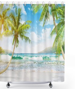 Tropical Beach Shower Curtain Decor In Blue And Green Colors, Waterproof And Machine Washable