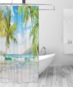 Tropical Beach Shower Curtain Decor In Blue And Green Colors, Waterproof And Machine Washable