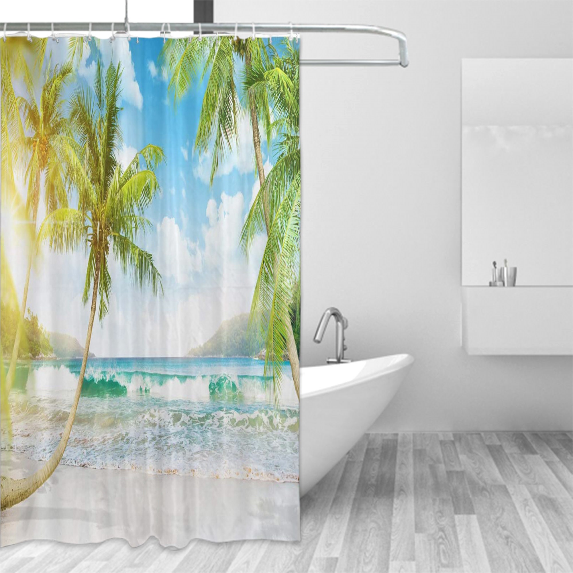 Tropical Beach Shower Curtain Decor In Blue And Green Colors, Waterproof And Machine Washable