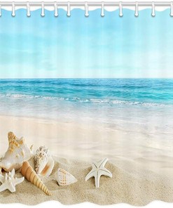 Tropical Beach Shower Curtain with Seashells and Sea Waves Design