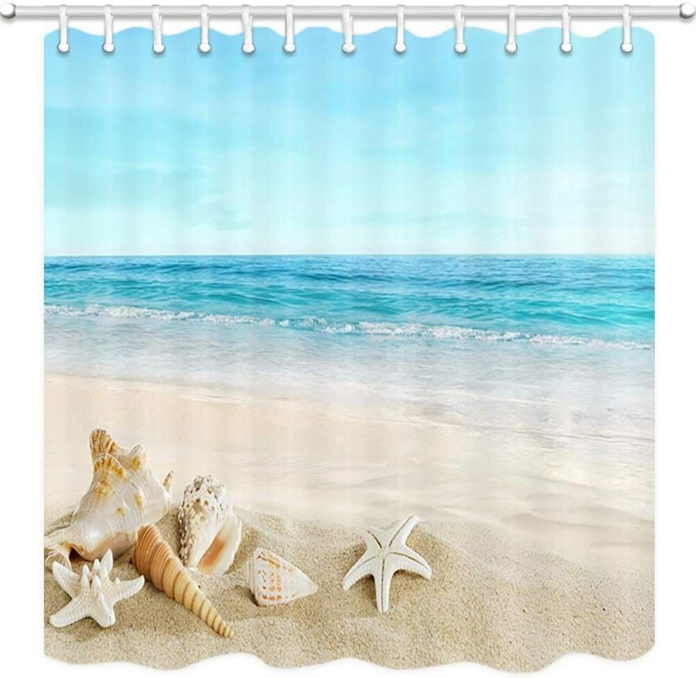 Tropical Beach Shower Curtain with Seashells and Sea Waves Design
