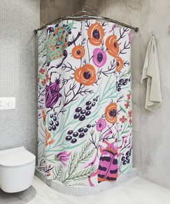 Tropical Beetle Printed Shower Curtain In Pink, Purple, And Orange
