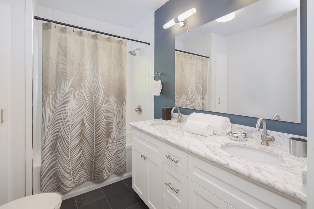 Tropical Beige And White Shower Curtain, Island Vibes Bathroom Decor - Image 2