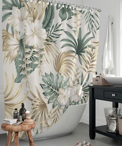 Tropical Beige Palm Leaf Flower Print Shower Curtain For Bathroom, Earth Tones Washroom Decor