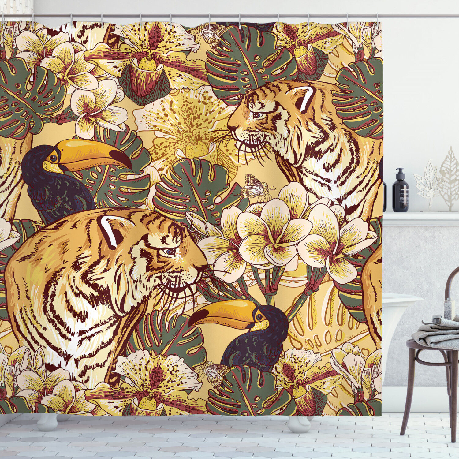 Tropical Bengal Toucan Tiger Shower Curtain for Exotic Bathroom Decor