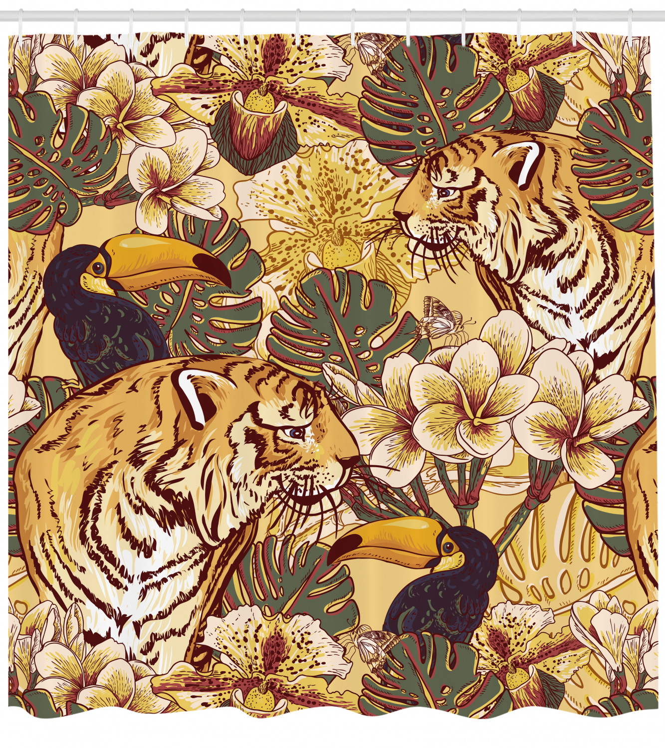 Tropical Bengal Toucan Tiger Shower Curtain for Exotic Bathroom Decor