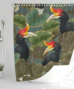 Tropical Bird and Monstera Leaves Shower Curtain: Green Geometric Hornbills Design for Jungle Bathroom Decor