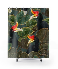 Tropical Bird and Monstera Leaves Shower Curtain: Green Geometric Hornbills Design for Jungle Bathroom Decor