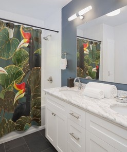 Tropical Bird and Monstera Leaves Shower Curtain: Green Geometric Hornbills Design for Jungle Bathroom Decor