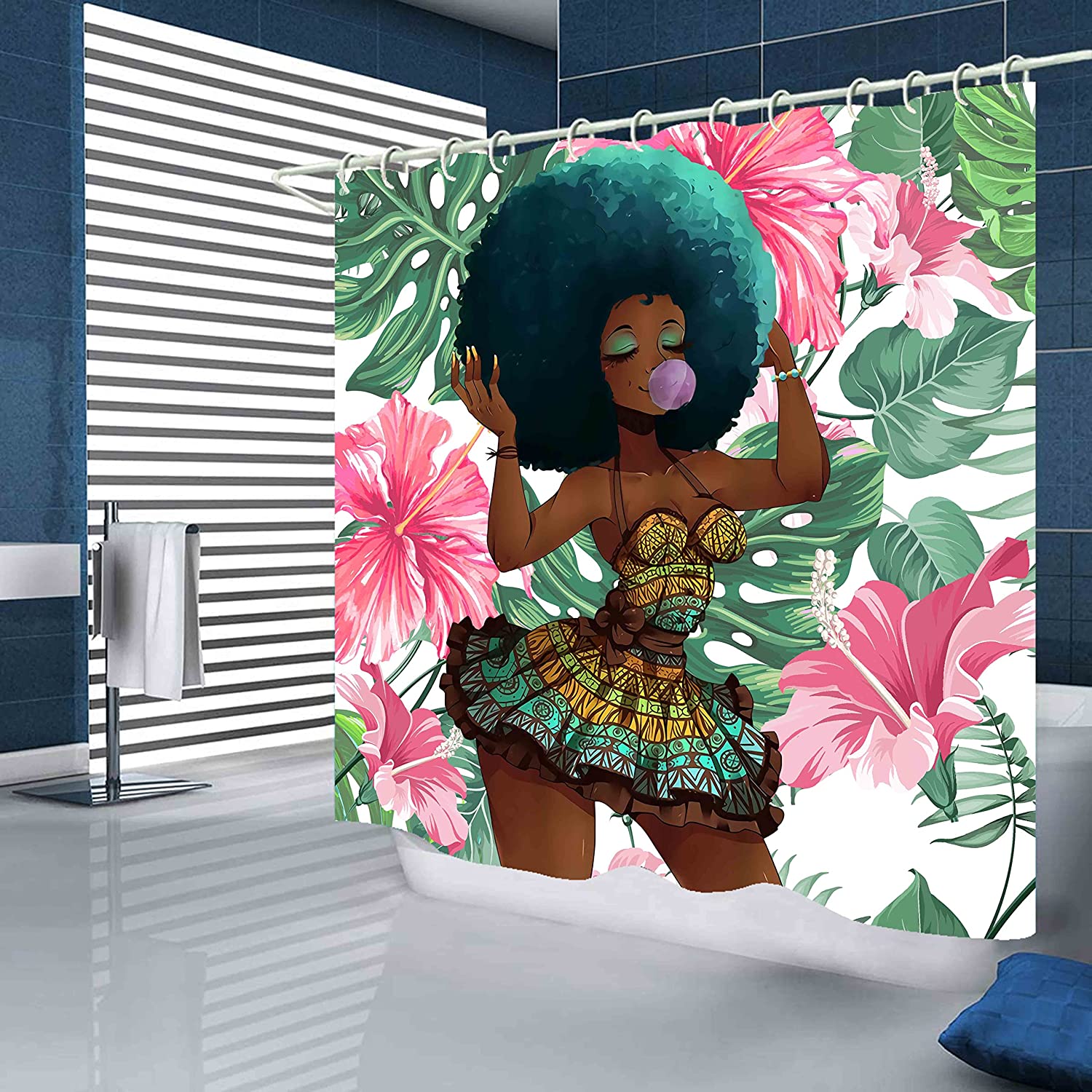 Tropical Black Girl Shower Curtain Bathroom For African American Bathroom Decor - Image 2