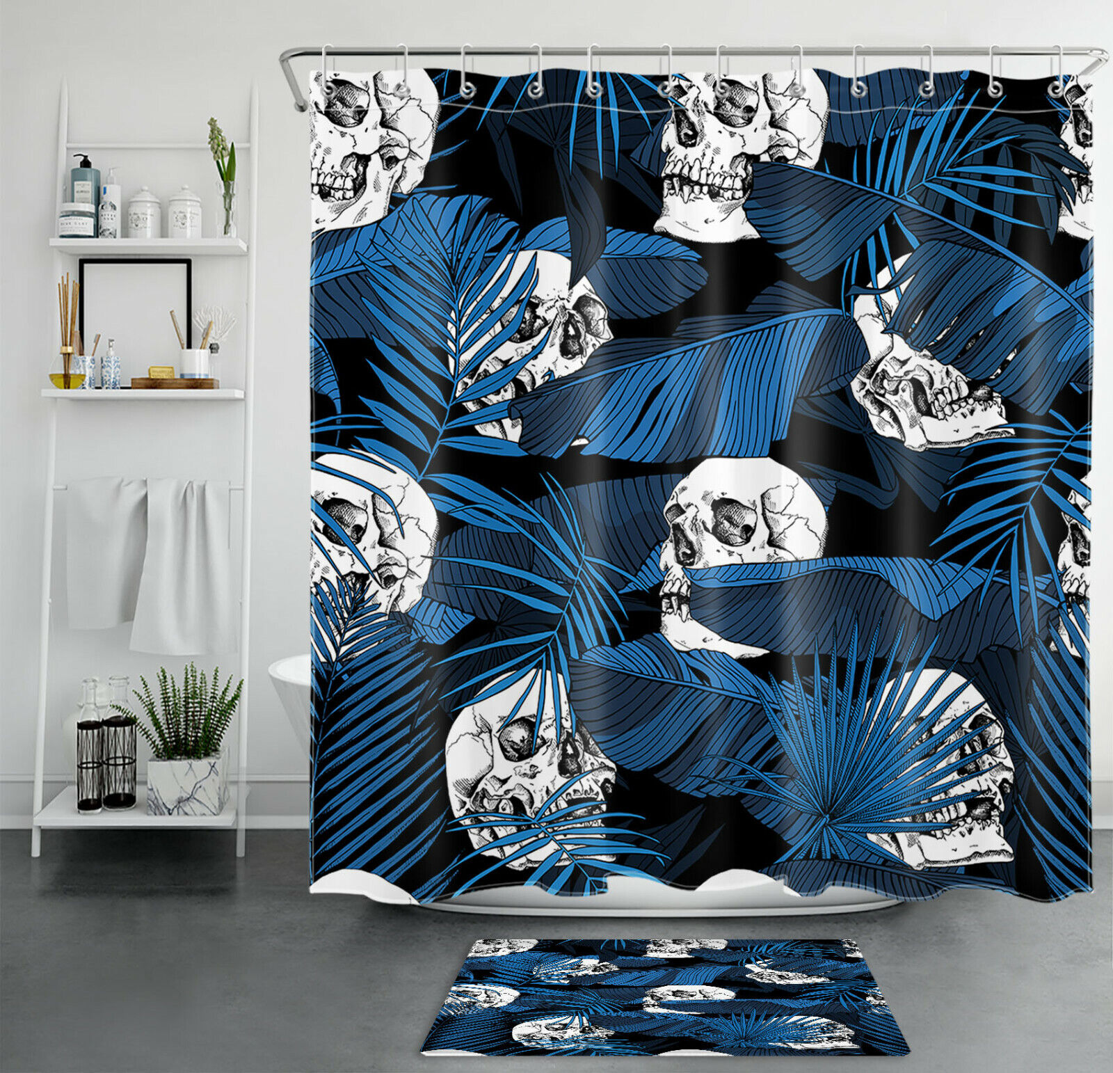 Tropical Blue Banana Leaf Skull Shower Curtain For Unique Bathroom Accessories