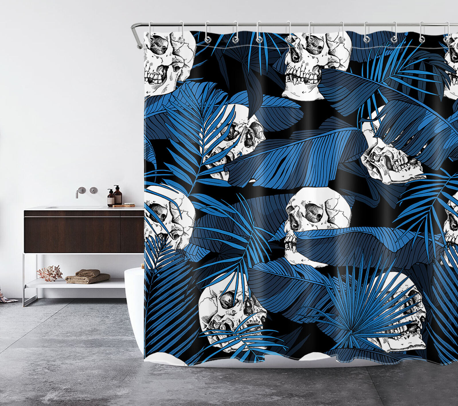 Tropical Blue Banana Leaf Skull Shower Curtain For Unique Bathroom Accessories - Image 2