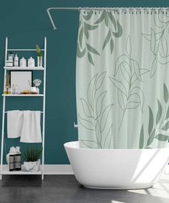 Tropical Blue Green Leaves Shower Curtain Simple Botanical Fabric Print for Minimalist Bath Decor with Housewarming Gift
