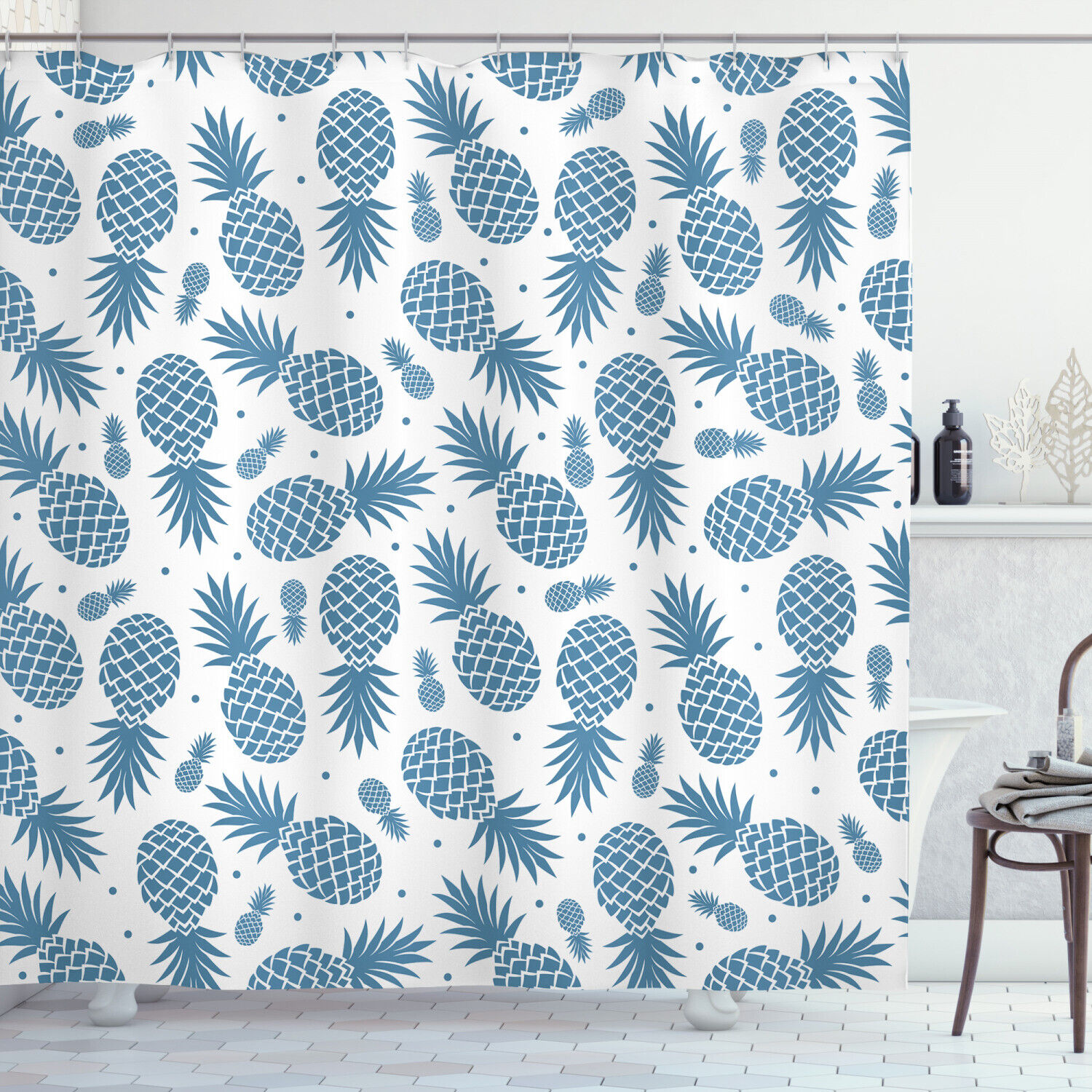 Tropical Blue Pineapple Fruit Print Shower Curtain For Bathroom Decor