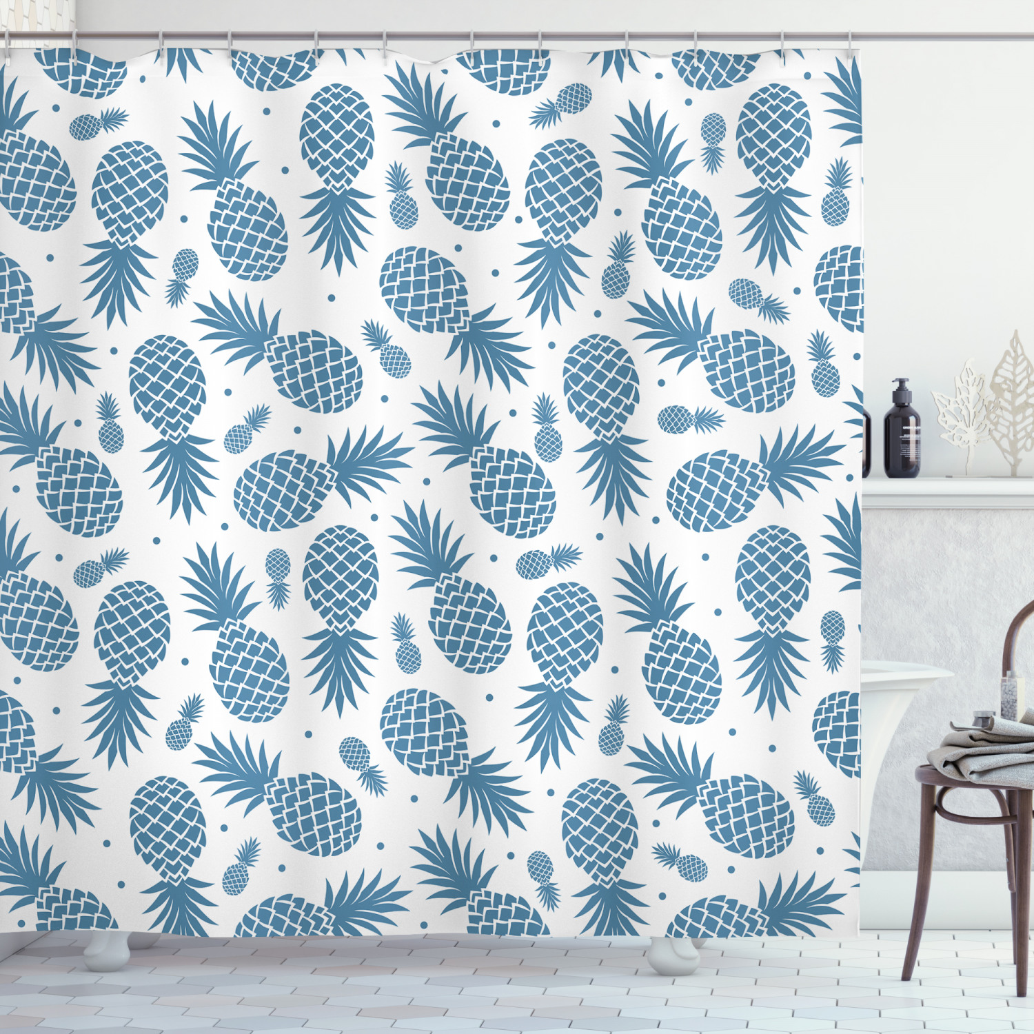 Tropical Blue Pineapple Fruit Print Shower Curtain For Bathroom Decor - Image 3