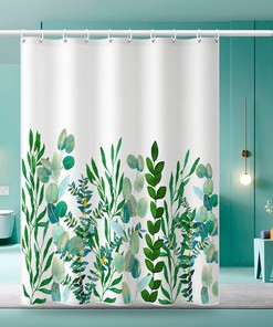 Tropical Botanical Green Leaves Shower Curtain With Nature Print, Waterproof Fabric Bathroom Decor For Home Use