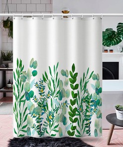 Tropical Botanical Green Leaves Shower Curtain With Nature Print, Waterproof Fabric Bathroom Decor For Home Use