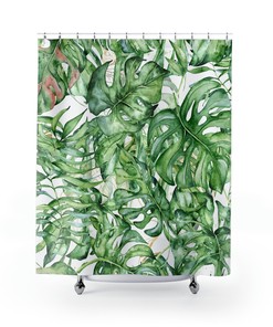 Tropical Botanical Shower Curtain With Green Monstera Leaves For Nature-Inspired Bathroom