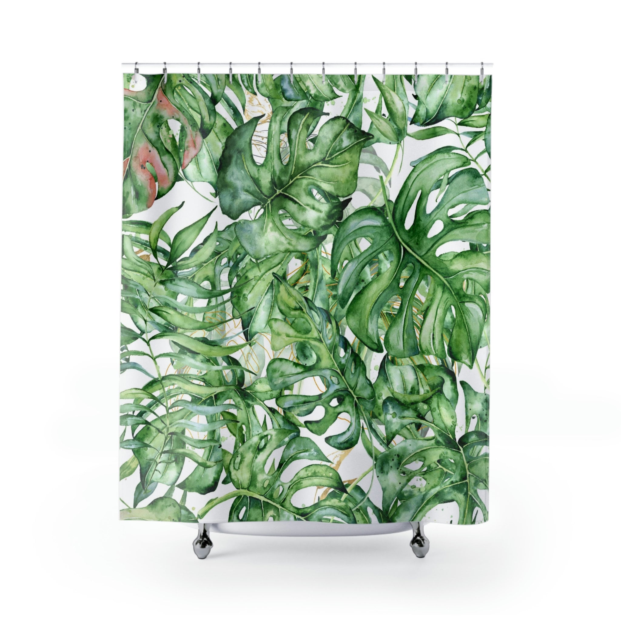 Tropical Botanical Shower Curtain With Green Monstera Leaves For Nature-Inspired Bathroom