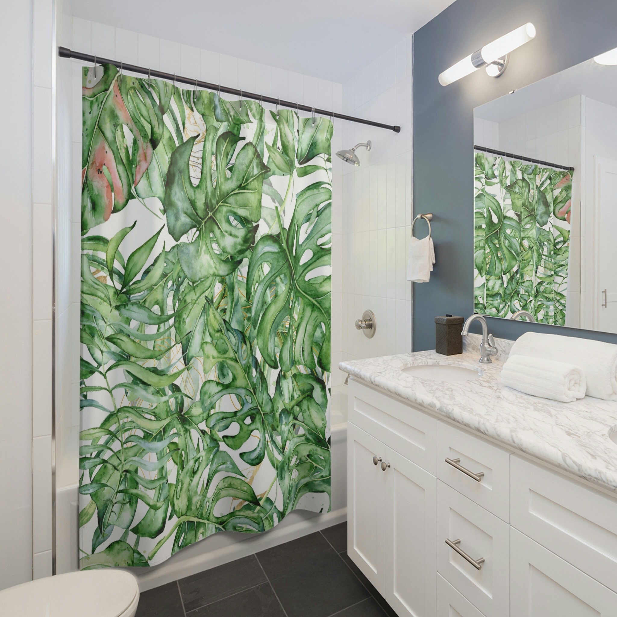 Tropical Botanical Shower Curtain With Green Monstera Leaves For Nature-Inspired Bathroom - Image 2