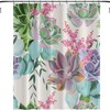 Tropical Botanical Succulents Shower Curtain with Watercolor Green Purple Pink Flower for Natural Bathroom Design