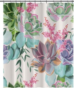 Tropical Botanical Succulents Shower Curtain with Watercolor Green Purple Pink Flower for Natural Bathroom Design